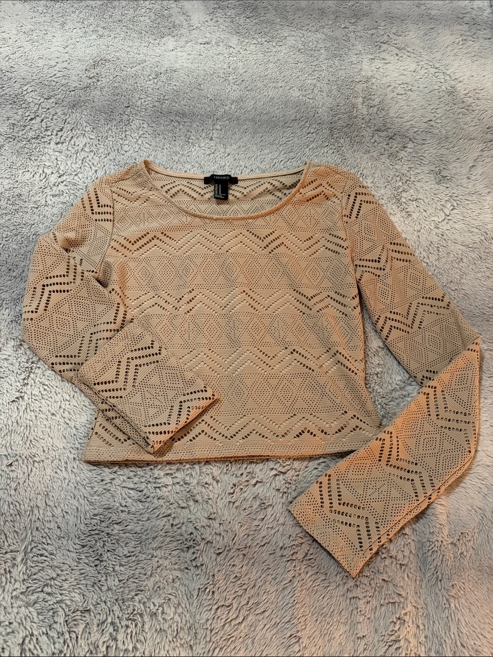 Express Beige Crochet Long Sleeve Scoop Neck Top